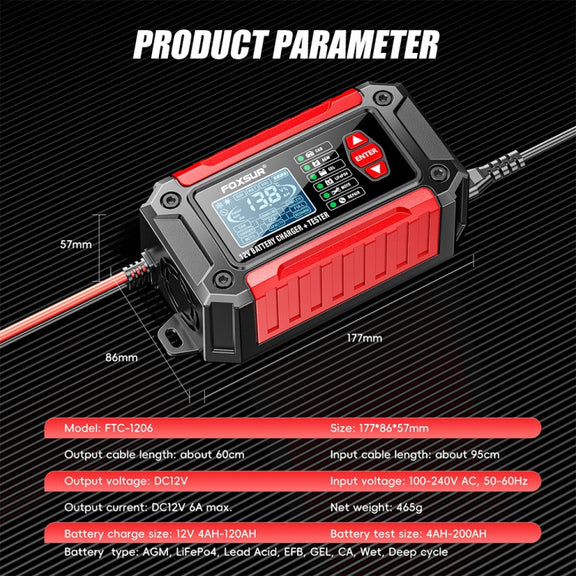 FOXSUR Cars Motorcycles 12V Lithium Cattery Charger With Battery Detection(US Plug)