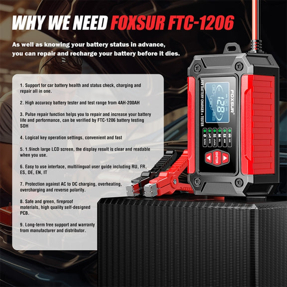 FOXSUR Cars Motorcycles 12V Lithium Cattery Charger With Battery Detection(US Plug)