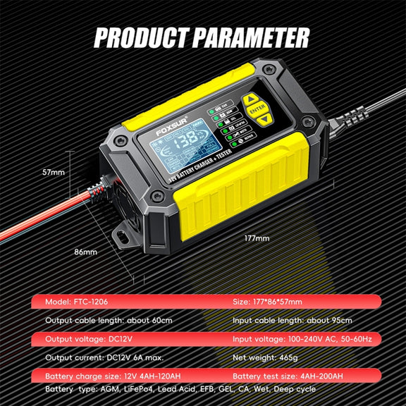 FOXSUR Cars Motorcycles 12V Lithium Cattery Charger With Battery Detection(US Plug)