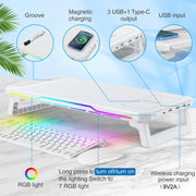 RGB Computer Monitor Stand Riser 3 USB 2.0 +1 Type-C Ports, Spec: Wireless Charging White