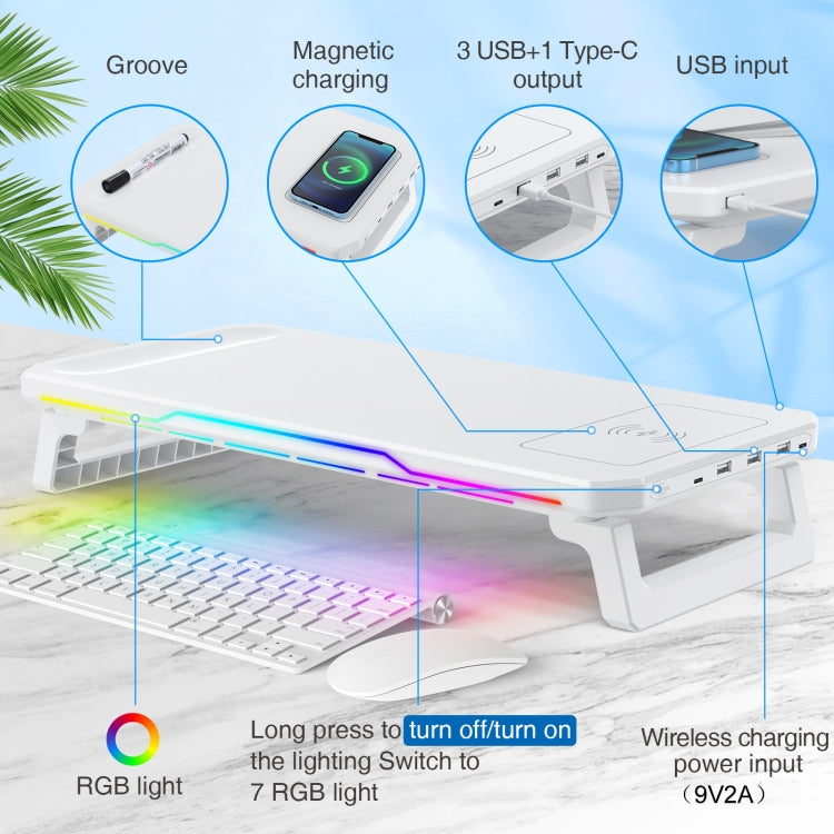 RGB Computer Monitor Stand Riser 3 USB 2.0 +1 Type-C Ports, Spec: Wireless Charging  Black