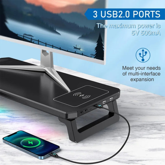RGB Computer Monitor Stand Riser 3 USB 2.0 +1 Type-C Ports, Spec: Wireless Charging White