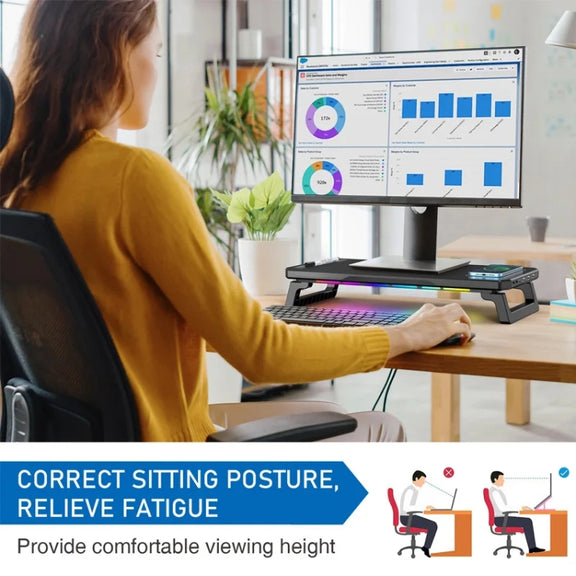 RGB Computer Monitor Stand Riser 3 USB 2.0 +1 Type-C Ports, Spec: Wireless Charging White
