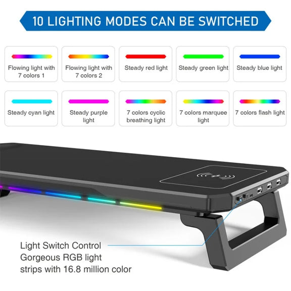 RGB Computer Monitor Stand Riser 3 USB 2.0 +1 Type-C Ports, Spec: Wireless Charging White