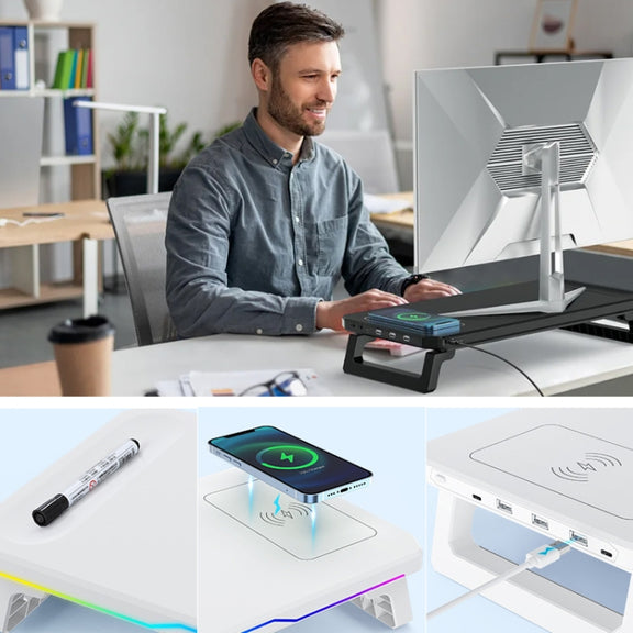 RGB Computer Monitor Stand Riser 3 USB 2.0 +1 Type-C Ports, Spec: Wireless Charging White