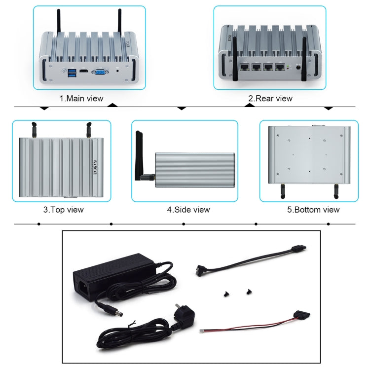 HYSTOU P09B-J4125-4L 8GB DDR4+128GB SSD Industrial Computer Soft Route From 2.5G Multi -Network HTPC Server Mini Console(With US Adapter)