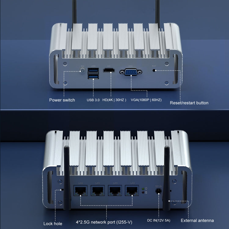 HYSTOU P09B-J4125-4L 8GB DDR4+128GB SSD Industrial Computer Soft Route From 2.5G Multi -Network HTPC Server Mini Console(With US Adapter)