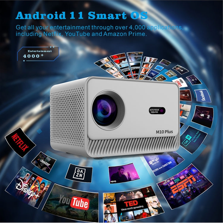 M10 Plus 1280x720P Projector 2.4G / 5G WIFI Bluetooth 5.2 Android 11 System Home Cinema UK Plug