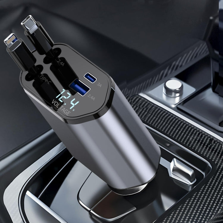 4-In-1 120W Multifunctional USB Retractable Dual-Line Digital Display Car Fast Charger(8 Pin + Type-C)