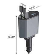 4-In-1 120W Multifunctional USB Retractable Dual-Line Digital Display Car Fast Charger(8 Pin + Type-C)