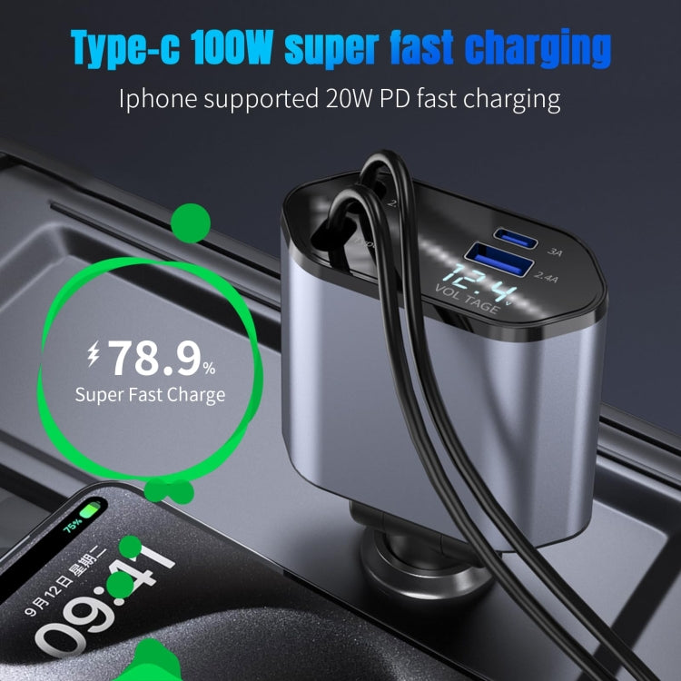 4-In-1 120W Multifunctional USB Retractable Dual-Line Digital Display Car Fast Charger(8 Pin + Type-C)