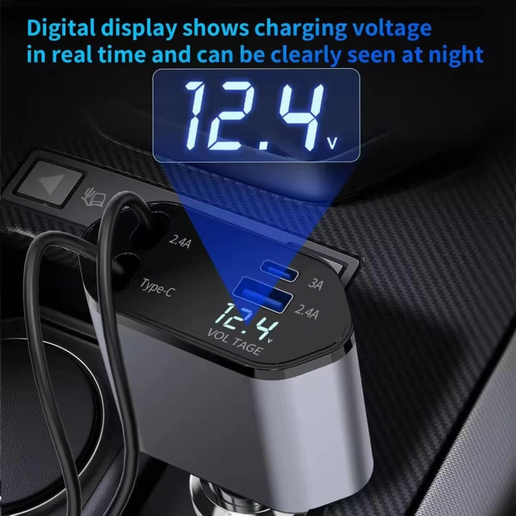 4-In-1 120W Multifunctional USB Retractable Dual-Line Digital Display Car Fast Charger(8 Pin + Type-C)