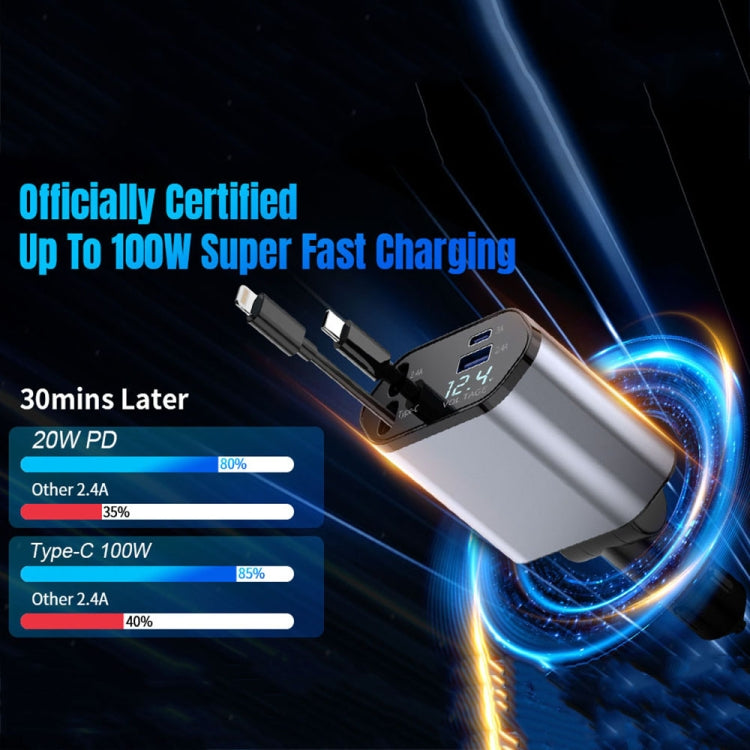 4-In-1 120W Multifunctional USB Retractable Dual-Line Digital Display Car Fast Charger(8 Pin + Type-C)