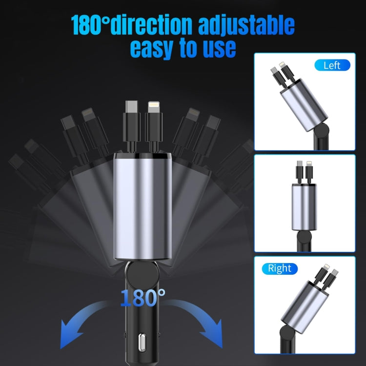 4-In-1 120W Multifunctional USB Retractable Dual-Line Digital Display Car Fast Charger(8 Pin + Type-C)