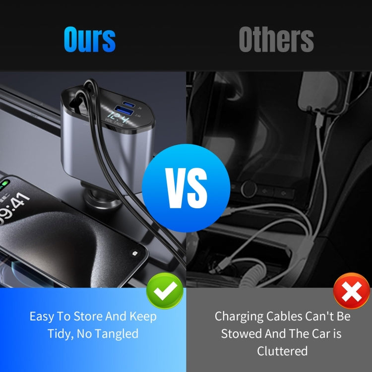 4-In-1 120W Multifunctional USB Retractable Dual-Line Digital Display Car Fast Charger(8 Pin + Type-C)