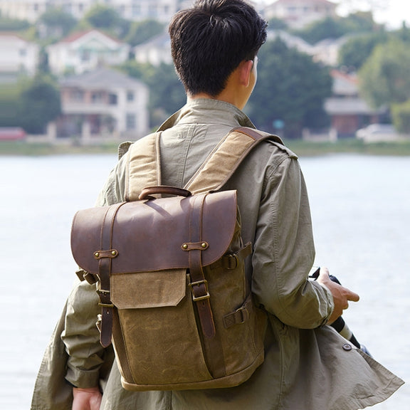 Vintage Camera Bag Water-resistant  Canvas Backpack with Laptop Compartment Tripod Holder(Khaki)