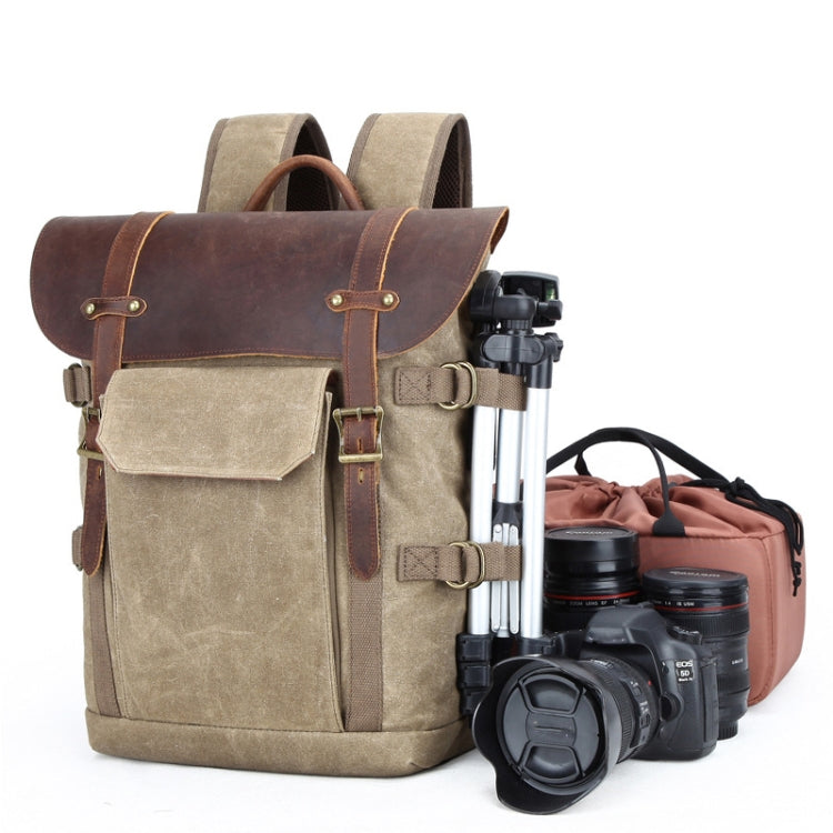 Vintage Camera Bag Water-resistant  Canvas Backpack with Laptop Compartment Tripod Holder(Khaki)