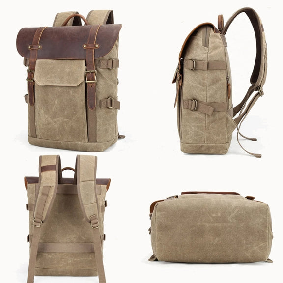 Vintage Camera Bag Water-resistant  Canvas Backpack with Laptop Compartment Tripod Holder(Khaki)