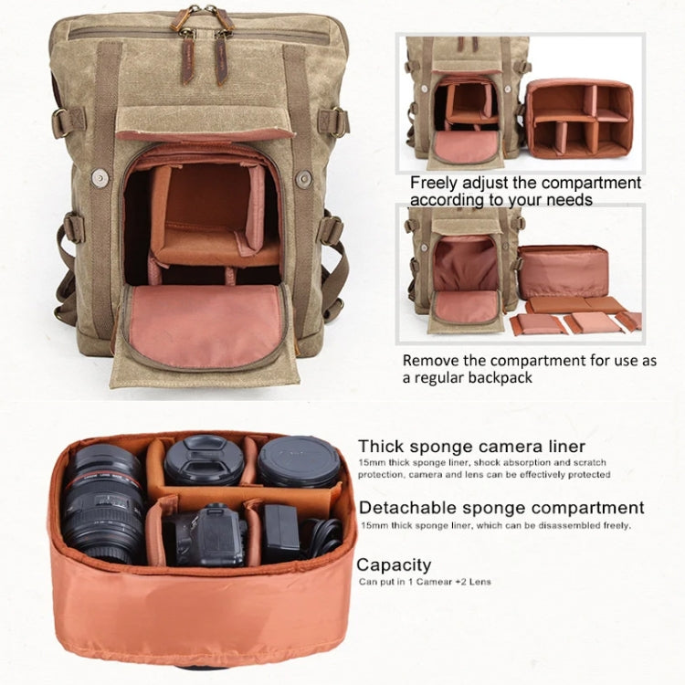 Vintage Camera Bag Water-resistant  Canvas Backpack with Laptop Compartment Tripod Holder(Khaki)