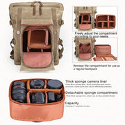 Vintage Camera Bag Water-resistant  Canvas Backpack with Laptop Compartment Tripod Holder(Army Green)