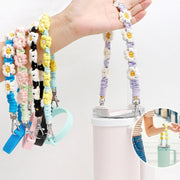 For 16-40oz Stanley Mug Lanyard Silicone Loop Boho Daisy Cute Flower Hand-Woven Mug Cover(Black)
