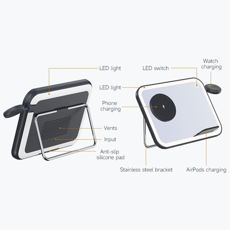 15W 3-in-1 MagSafe Magnetic Folding LED Makeup Mirror Night Light Wireless Charger(White)