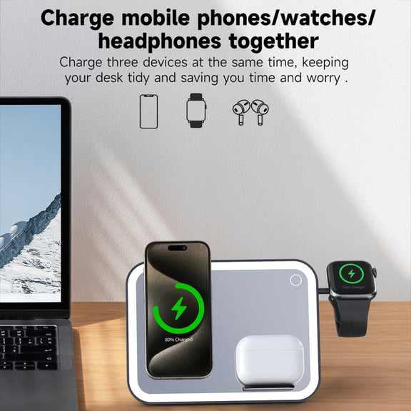 15W 3-in-1 MagSafe Magnetic Folding LED Makeup Mirror Night Light Wireless Charger(White)
