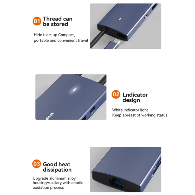 Blueendless 4K60Hz + Gigabit LAN + Data Type-C Docking Station, Spec: 9-in-1 Reading Card Blue