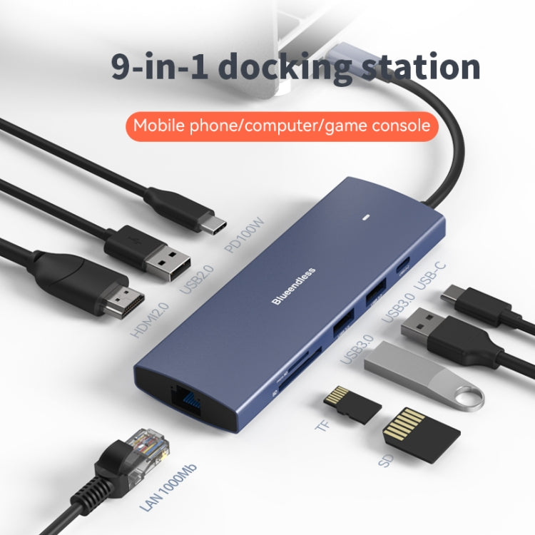 Blueendless 4K60Hz + Gigabit LAN + Data Type-C Docking Station, Spec: 9-in-1 Reading Card Blue