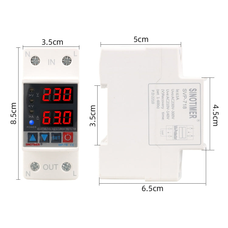 SINOTIMER SVP-718 63A Adjustable Self-resetting Intelligent Over-voltage and Under-voltage Protector 220V AC