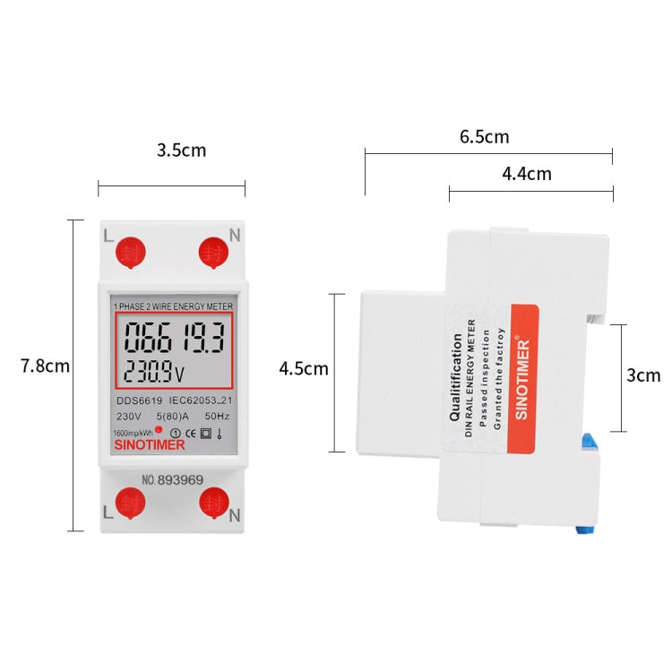 SINOTIMER  DDS6619 80A 230V Din Rail Single Phase Energy Meter Voltage Current Power Meter Without Backlight