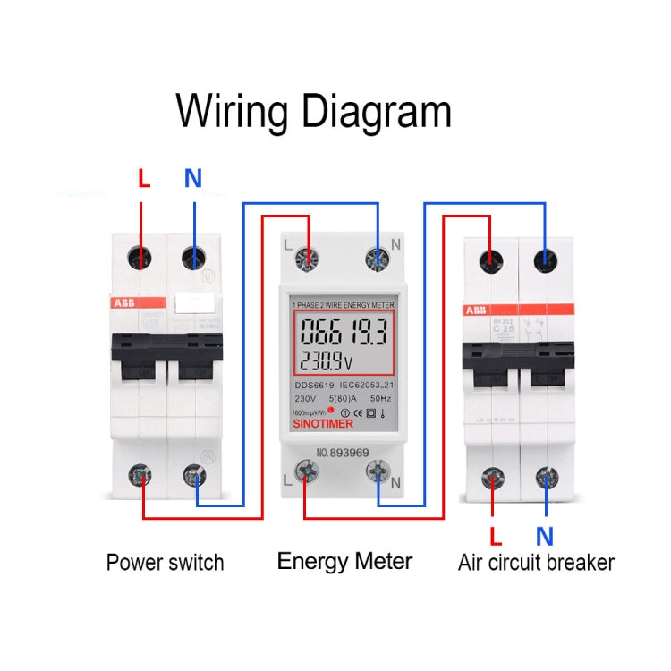 SINOTIMER  DDS6619 80A 230V Din Rail Single Phase Energy Meter Voltage Current Power Meter Without Backlight