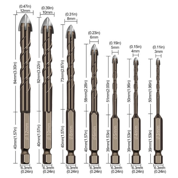 3mm Hexagonal Shank Spiral Flute Cross Alloy Drill Bits Glass Tile Four Edge Drivers