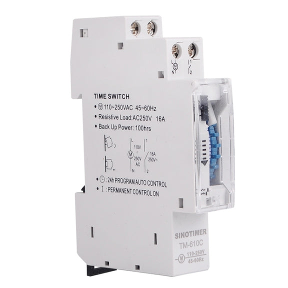 SINOTIMER  TM610C 110-250V 16A Quartz Mechanical Timer 24 Hours Programmable Din Rail Relay