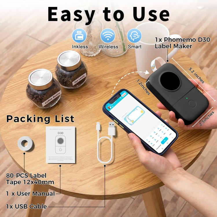 Phomemo D30 Thermal Label Printer Portable Bluetooth Mini Label Maker Machine With 3 Rolls Paper Green