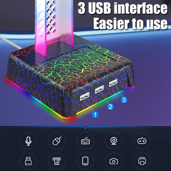 Z3 Cracked With 3USB Expansion Port Headphone Stand RGB Ambient Light Headphone Display Holder(White)