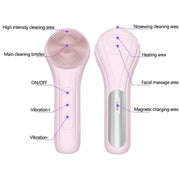 Sonic Water-resistant Facial Cleansing Brush Rechargeable Hot Compress Face Scrubber Cleanser(Pink)