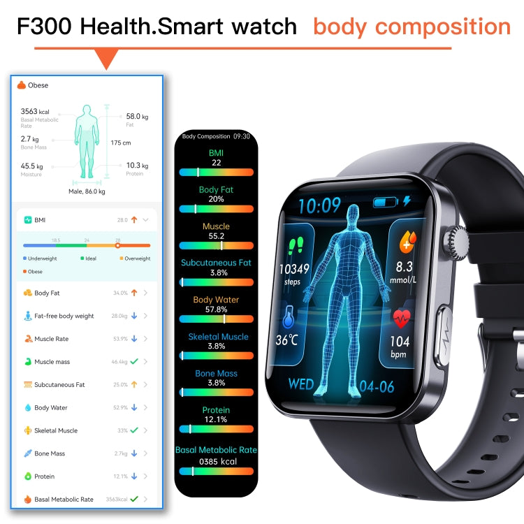 F300  2.1-Inch Screen Smart Watch Supports Bluetooth Calls/ECG/Blood Composition Analysis/50+ Sports Modes, Color: Black Silicone