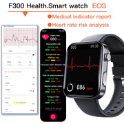F300  2.1-Inch Screen Smart Watch Supports Bluetooth Calls/ECG/Blood Composition Analysis/50+ Sports Modes, Color: Black Silicone