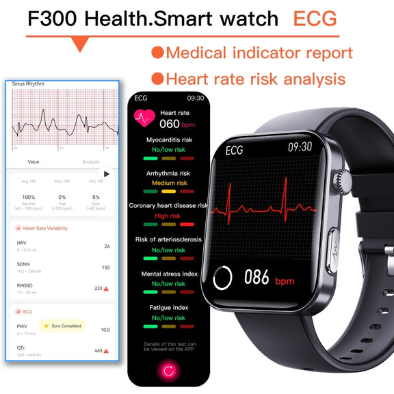 F300  2.1-Inch Screen Smart Watch Supports Bluetooth Calls/ECG/Blood Composition Analysis/50+ Sports Modes, Color: Black Silicone