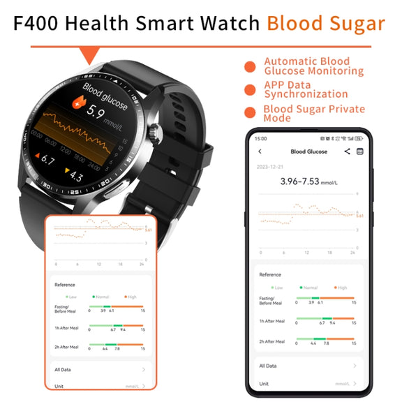 F400  1.55 Inch Screen Smart Watch Support ECG/ Blood Oxygen / Blood Sugar / 150+ Sports Mode, Color: Black Bamboo