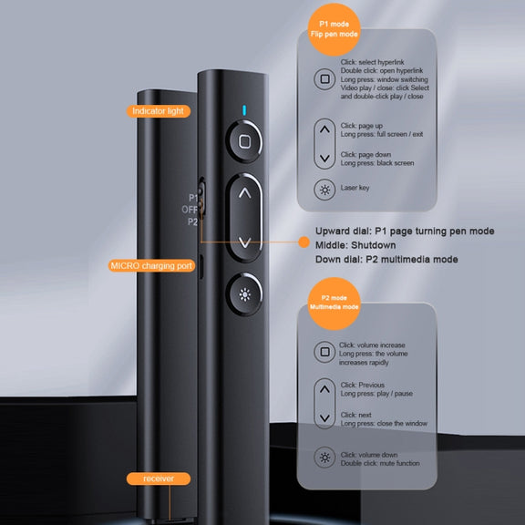 B2 2.4GHz Dual-Mode Conference PPT Wireless Page Turning Pen Multimedia Infrared Laser Pointer(Black)