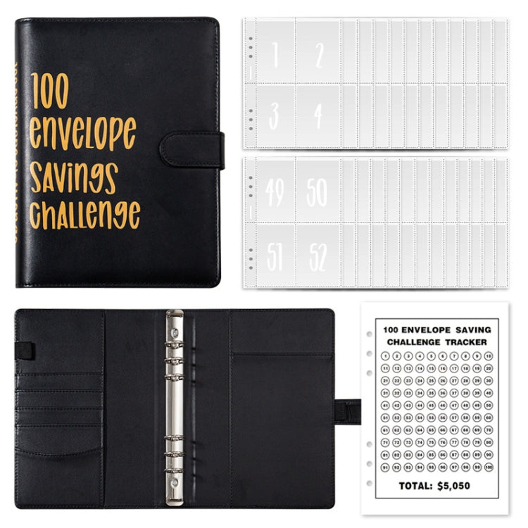 A5 100 Day Savings Challenge Envelope Budget Planner Binder Notebook Handbook, Color: Words Black