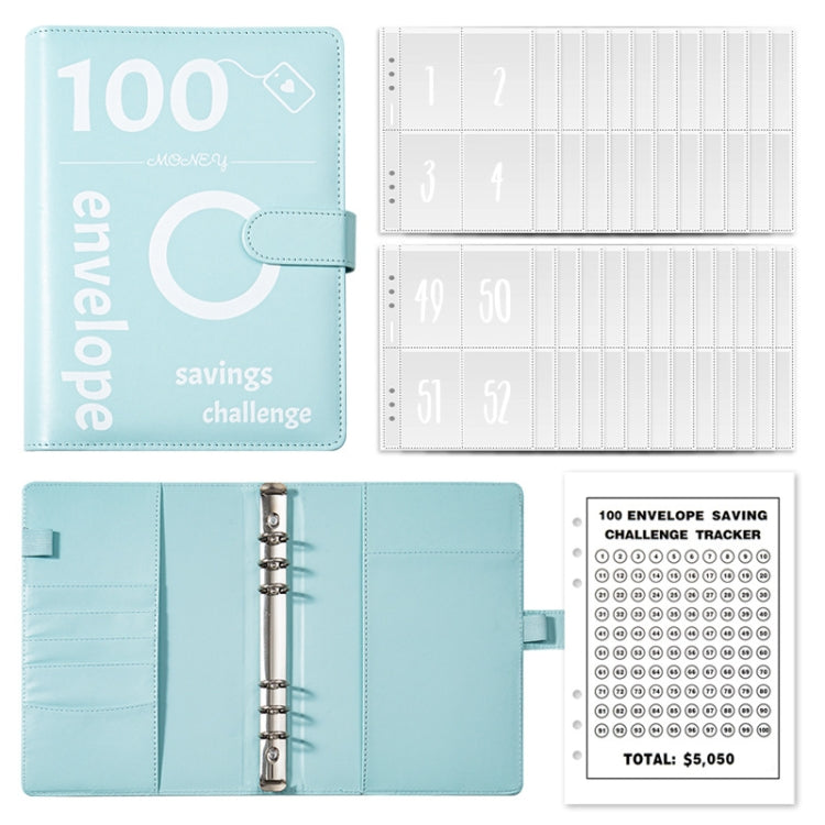 A5 100 Day Savings Challenge Envelope Budget Planner Binder Notebook Handbook, Color: Pattern Blue