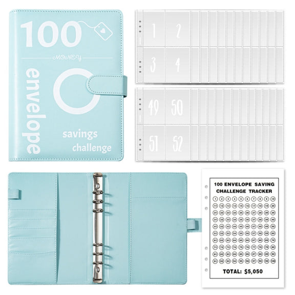 A5 100 Day Savings Challenge Envelope Budget Planner Binder Notebook Handbook, Color: Pattern Blue