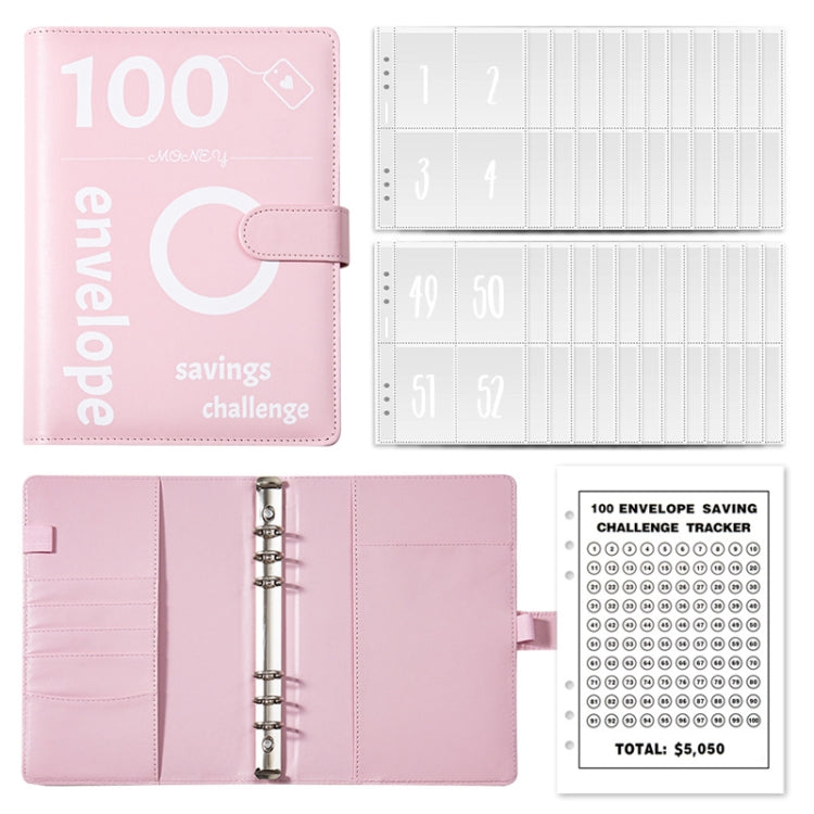 A5 100 Day Savings Challenge Envelope Budget Planner Binder Notebook Handbook, Color: Pattern Pink