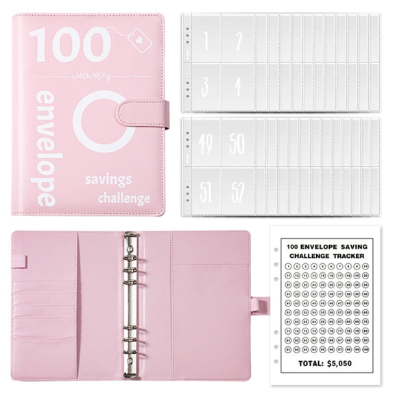 A5 100 Day Savings Challenge Envelope Budget Planner Binder Notebook Handbook, Color: Pattern Pink