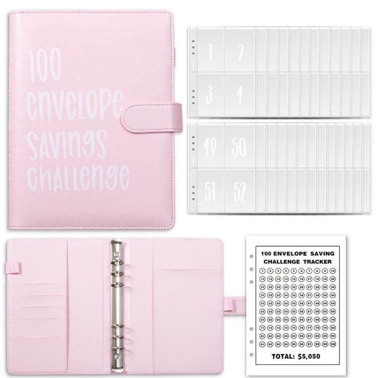 A5 100 Day Savings Challenge Envelope Budget Planner Binder Notebook Handbook, Color: Words Pink
