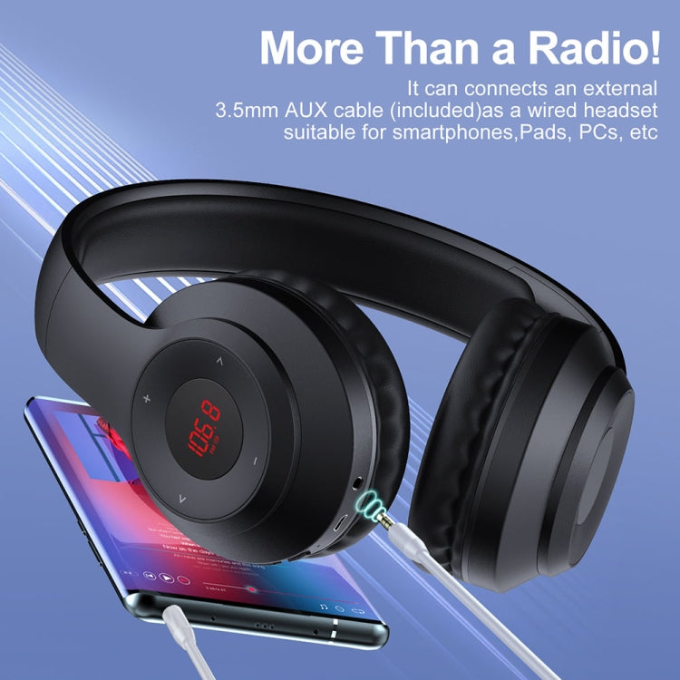 X5 Portable Digital Display Folding Headset FM Radio Headphones, Color: Charging Black