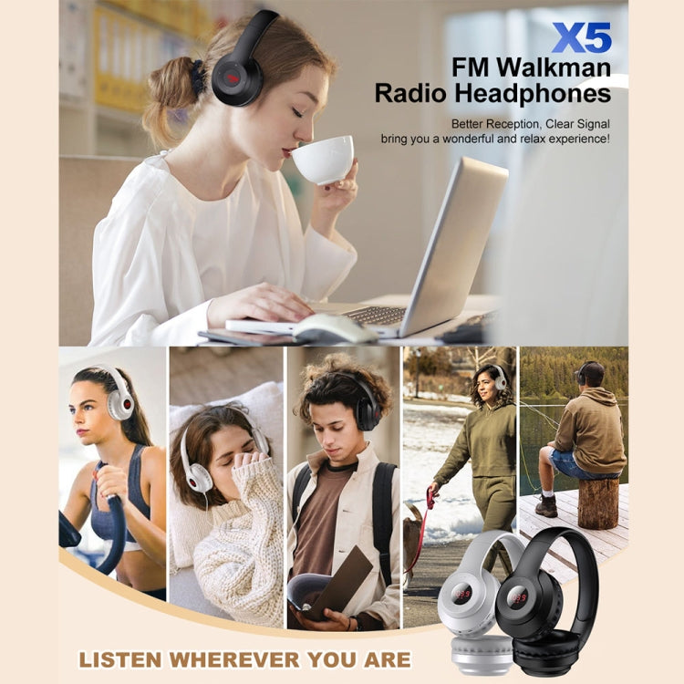 X5 Portable Digital Display Folding Headset FM Radio Headphones, Color: Charging Black
